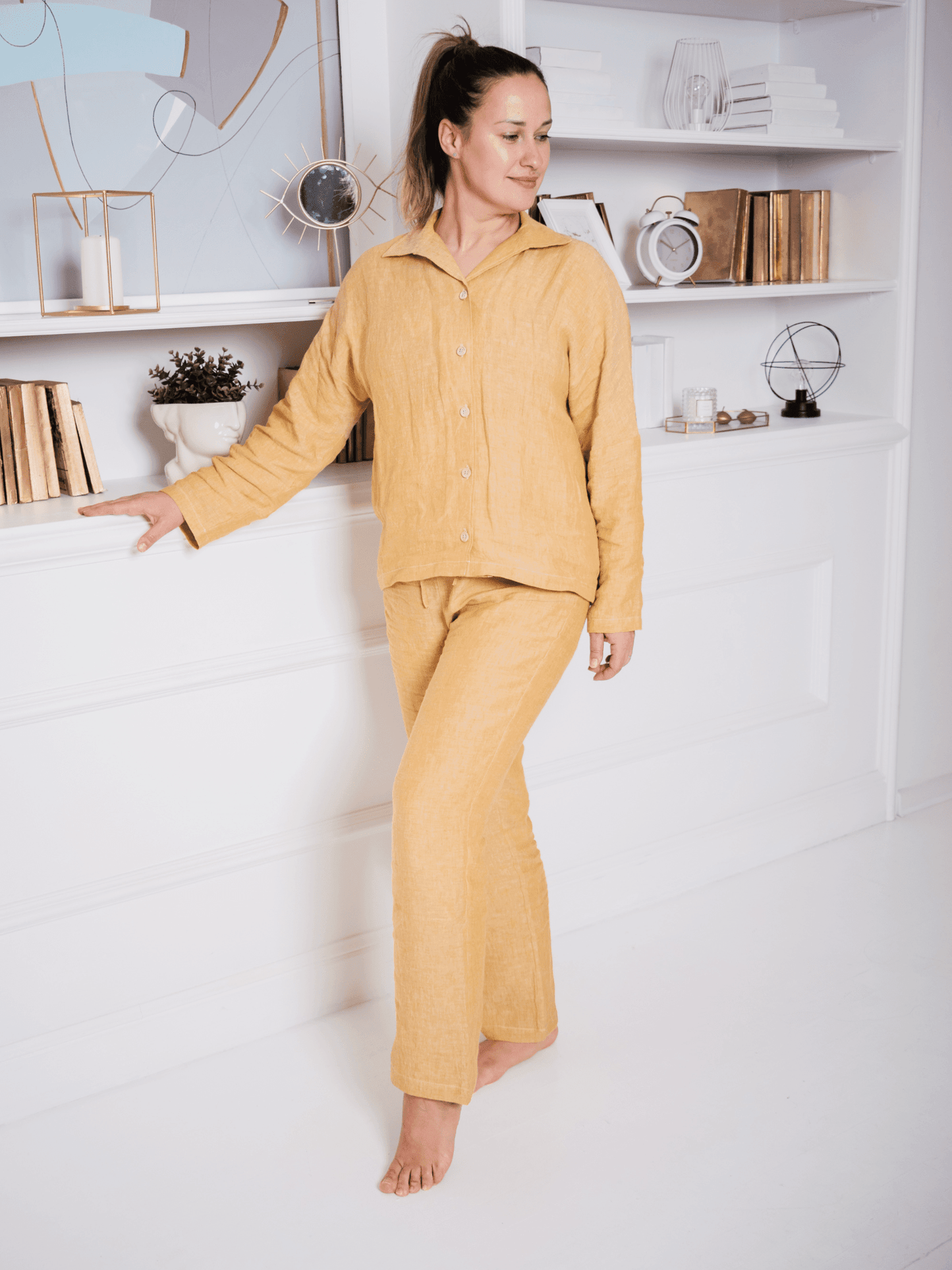 Ensemble pyjama femme en lin doux jaune curcuma