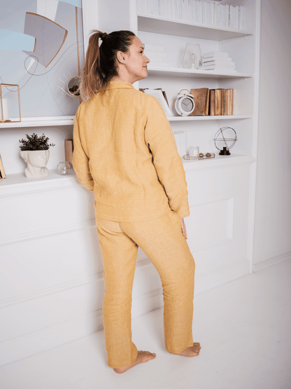 Ensemble pyjama femme en lin doux jaune curcuma